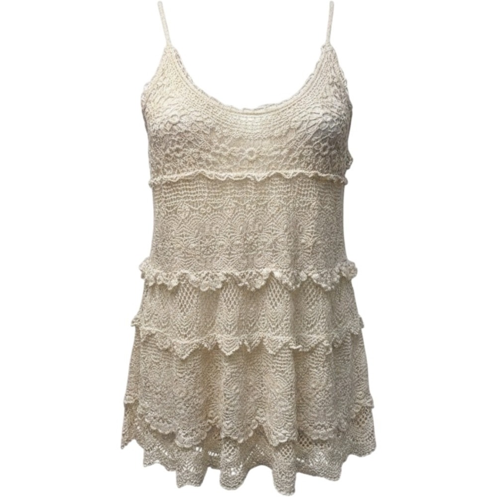 Solitaire by Ravi Khosla Womens Cream Crochet Tiered Ruffle‎ Cotton Tank Top M